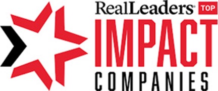 A graphic representing an award given by RealLeaders to top-impact companies. It consists of graphical elements and text. On the left side is a red star with arrows pointing outwards, symbolizing expansion or outreach. Adjacent to it, the text “RealLeaders TOP IMPACT COMPANIES” is written in bold red and black.