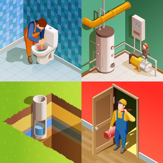 he illustration shows four plumbing scenarios: a plumber fixing a toilet, a water heater installation, an underground pipe system, and a plumber with tools entering a room.