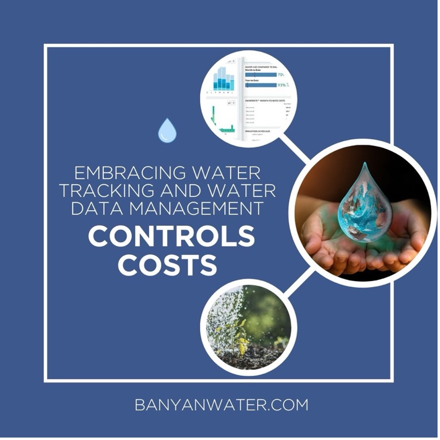 A graphic with the words, “Embracing water tracking and water data management controls costs” on the left side with 3 circular images on the right side signifying water technology, water savings, and water management - with Banyan Water’s website address (banyanwater.com) centered at the bottom.