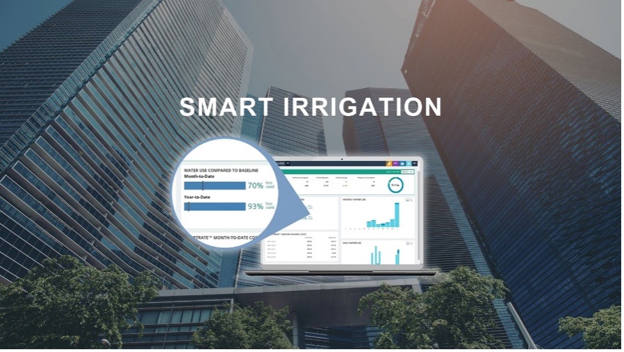 A view looking up at tall buildings with an image of a laptop screen showing water usage statistics, and the text “SMART IRRIGATION” superimposed.