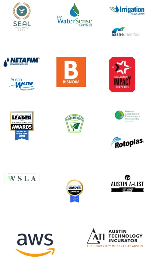 Banyan Water collaborates with several notable organizations, including EPA WaterSense, Irrigation Association, Netafim, Austin Water, and AWS. The company has received various accolades, such as the SEAL Business Sustainability Award, Bisnow Impact Award, National Leader in Sustainability Award 2016, Rotoplas, WSLA Winner 2017 (Water Scarcity & Leadership Awards), and recognition on the Austin A-List of the Hottest Startups. Additionally, they are associated with ATI (Austin Technology Incubator) and The University of Texas at Austin. The logos for all of these are depicted in the graphic.